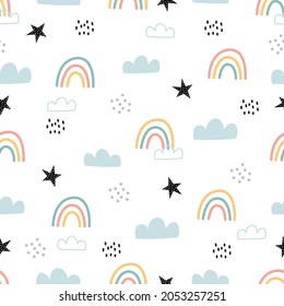 Cute seamless pattern for kids sky background with rainbow and clouds Cartoon hand drawn design. Use for print, wallpaper, gift wrapping, textiles, vector illustrations.