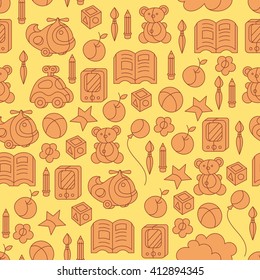 Cute seamless pattern with kids toys on yellow background. Cartoon style. Vector illustration.