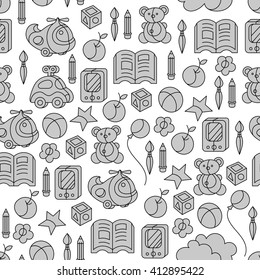 Cute seamless pattern with kids toys on white background. Cartoon style. Vector illustration.