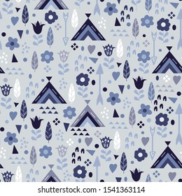 Cute seamless pattern for kids, vector. Texture with cute graphic elements: flowers, wigwams, arrows and feathers. Vector illustration in blue pastel colors