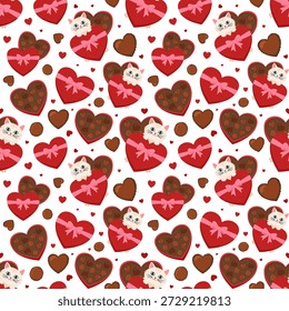 Lindo patrón sin fisuras con gatito, cajas de corazón rojo y caramelos de chocolate sobre fondo blanco.