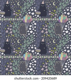 Cute seamless pattern with kittens. Cat holding balloons and cake. Gentle, soft colors.