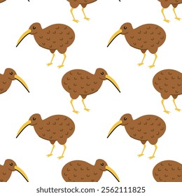 Cute seamless pattern with kiwi birds. A fun print with New Zealand fluffy bird.