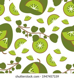Cute seamless pattern with kiwi, leaves and branches in the white background. Flat style illustration.