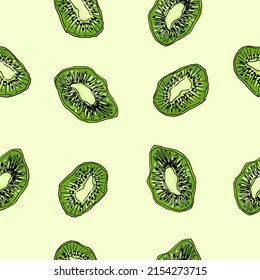 Cute seamless pattern with kiwi, slice and piece. Exotic fruit. Vetor, Illustration.