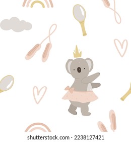 Cute seamless pattern with koala in a pink dress, rainbow, heart, mirror, pointe shoes on white background scandinavian style for child fabric, textile, nursery, wallpaper