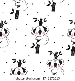 Cute Seamless pattern with Koala in scandinavian style. Monochrome vector print for baby  with Koala.