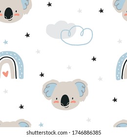 Cute Seamless pattern with Koala in scandinavian style. Boho vector print for baby  with Koala.