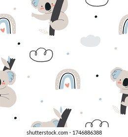 Cute Seamless pattern with Koala in scandinavian style. Boho vector print for baby  with Koala.
