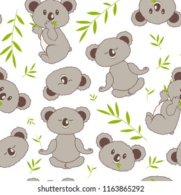 Cute seamless pattern with koalas and eucalyptus. For textile,  fabric print design, little girls, boys and babies clothes and pajamas. Baby shower design.