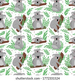 cute seamless pattern with koalas mom and kids on eucalyptus. vector illustration