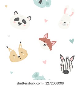 Cute seamless pattern with koalas, pandas, llamas, squirrels, zebras, foxes. Tender and soft pastel colors. For baby prints, textiles