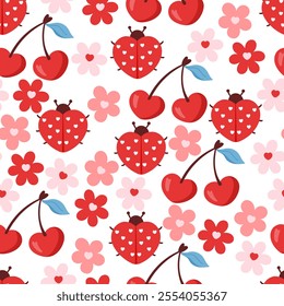 Cute seamless pattern with ladybug, cherry and flowers. Vector Pastel background. Valentines day and love