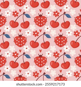 Cute seamless pattern with ladybug, cherry and flowers. Vector Pastel background. Valentines day and love