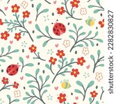 Cute seamless pattern with ladybug and floral elements. Vector illustration with cartoon drawings for print, fabric, textile.