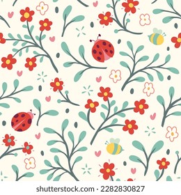 Cute seamless pattern with ladybug and floral elements. Vector illustration with cartoon drawings for print, fabric, textile.