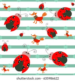 Cute Seamless Pattern ladybug and fox. Vector Illustration for paper, banners, labels, scrapbook, crafts.