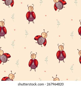 Cute seamless pattern with ladybugs, beetles, flowers and little hearts. Vector illustration