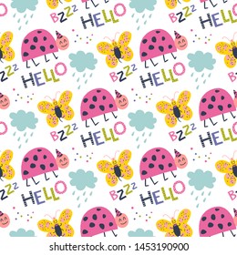 Cute seamless pattern with ladybugs, butterfly, lettering Hello and Bzzz, clouds in cartoon style. Vector illustration for kids brend, fabric design, card, poster. Nursery decoration