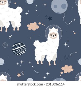 Cute seamless pattern with lamas in space. Cute llama, star, planet. Children's vector background. Postcard, poster, clothing, fabric, wrapping paper, textiles.