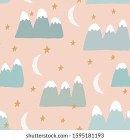 Cute seamless pattern with a landscape in white, green and yellow on pastel pink background.