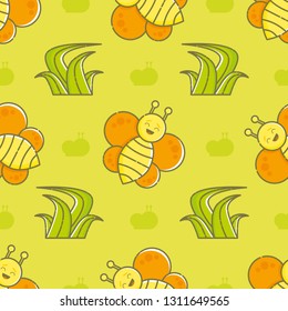 Cute seamless pattern with laughing butterflies and grass. Green background. Linear style illustration. Vector.