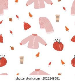 Cute seamless pattern, leaf fall and pumpkin pattern, cozy autumn day, hygge, a set of warm autumn, hot coffee in a mug, a warm hat, a knitted sweater and a scarf. Cartoon illustration, modern design