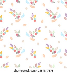 Cute seamless pattern with leaves and berries. Colourful branches background. Wrapping paper, fabric, textile design