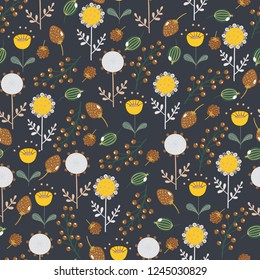 Cute seamless pattern with leaves, flowers, berries. 