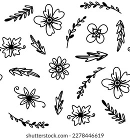 Cute seamless pattern with leaves and flowers in outline doodle style