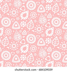 Cute seamless pattern with the leaves and flowers. Vector illustration.  