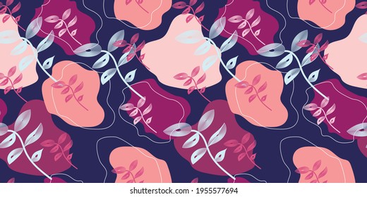 Cute seamless pattern with leaves and flowing shapes. For textile, paper, packaging, covers. Vector template. 