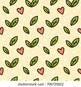 Cute seamless pattern with leaves and heart on a yellow background. It can be used for packaging, wrapping paper, textile and etc.
