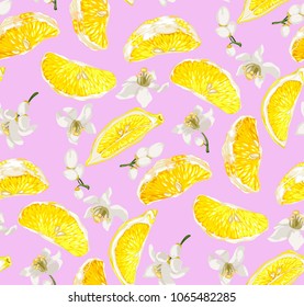 Cute seamless pattern with lemon citrus fruit slices and blooming citrus flowers on the pink background