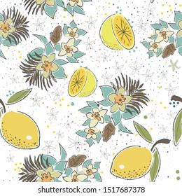 Cute Seamless Pattern with Lemons and Flowers. Scandinavian Hand Drawn Style. Vector Illustration

