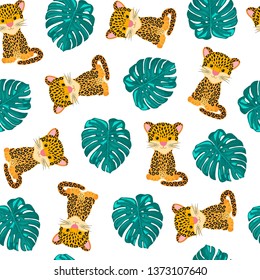 Cute seamless pattern with leopard. Jaguar or cheetah cartoon character. Monstera palm leaves. Jungle children print. Baby design. Kids fashion. White background.