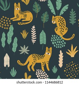 Cute seamless pattern with Leopards, exotic leaves and shapes . Hand drawn wallpaper. Vector design template. Good for print, fabric, wrapping paper , etc.