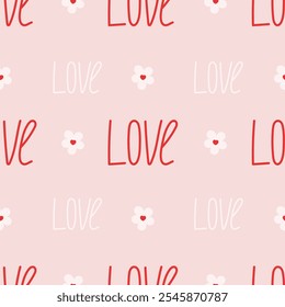 Cute seamless pattern with lettering love and little heart. Vector Pastel background. Valentines day and love