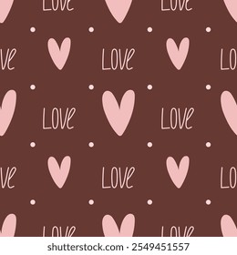 Nettes nahtloses Muster mit Schriftzug Liebe und Herzen. Vektor Pastell Hintergrund. Valentinstag und Liebe