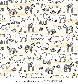 Cute seamless pattern with line art style African wild animals - adorable hand drawn safari themed repeat pattern design