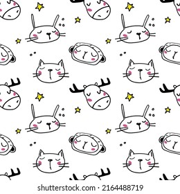 Cute seamless pattern with line art style wild animals - adorable hand drawn design EPS