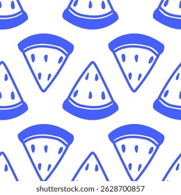 Cute seamless pattern with line watermelon slices. Cute blue doodle fruit print. Banner, wallpaper, fabric, notebook cover, packaging, wrapping paper template. Summer background
