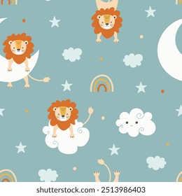 Lindo patrón sin fisuras con león, nubes, estrellas, arco iris y luna. Textura creativa de los niños para la tela, materia textil, Fondo de pantalla, papel de embalaje, producto del bebé, ropa de los niños. Ilustración vectorial