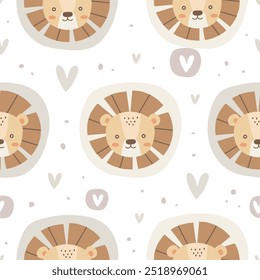 Cute seamless pattern with lion, hearts and dots. Cartoon animal background. For Baby product, Kids apparel, wallpaper, wrapping paper, fabric, textile. Vector illustration