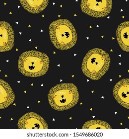 Cute seamless pattern with lion on a black background. Perfect for kids apparel, fabric, textile, nursery decoration, wrapping paper. Trendy vector pattern.