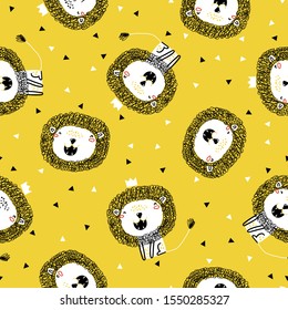Cute seamless pattern with lion on a yellow background. Perfect for kids apparel, fabric, textile, nursery decoration, wrapping paper. Trendy vector pattern.