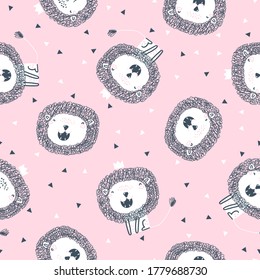 Cute seamless pattern with lion on a pink background. Perfect for kids apparel, fabric, textile, nursery decoration, wrapping paper. Trendy vector pattern.
