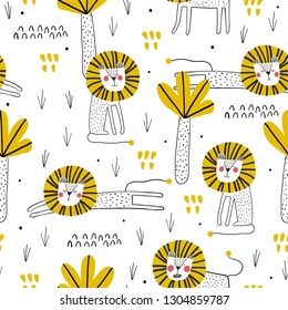 Cute seamless pattern with lion. Perfect for kids apparel, fabric, textile, nursery decoration, wrapping paper. Trendy scandinavian vector pattern.