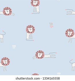 Patrón perfecto con león. Perfecto para prendas de vestir, tela, textil, decoración de vivero, papel envolvente. Patrón de vector escandinavo de moda.