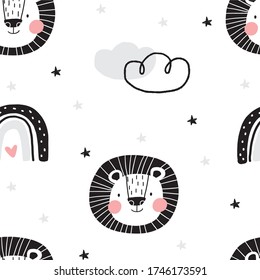 Cute Seamless pattern with Lion in scandinavian style. Monochrome vector print for baby  with Lion.